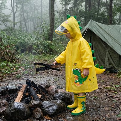 poncho de pluie jaune petit garçon qui joue sous la pluie