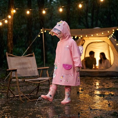 poncho de pluie rose petite fille qui joue en camping