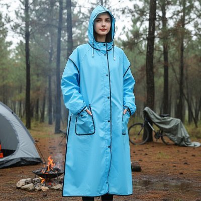 poncho pluie bleu femme en camping