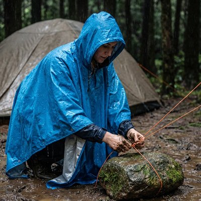 poncho pluie bleu femme qui attache son bivouac à une roche