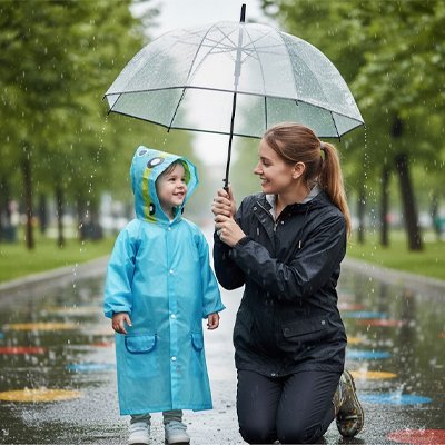 poncho pluie enfant bleu avec sa maman 