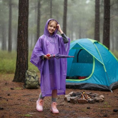 poncho pluie enfant fille en camping