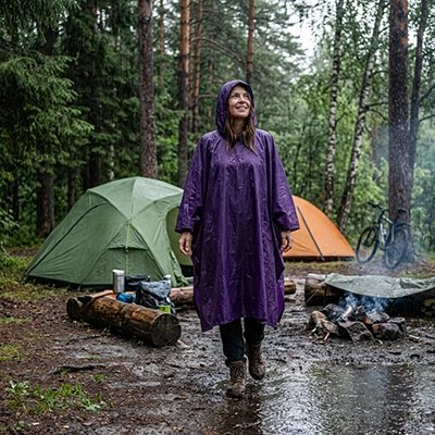poncho pluie femme en camping sous la pluie 