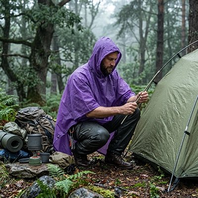 poncho pluie homme qui monte son bivouac