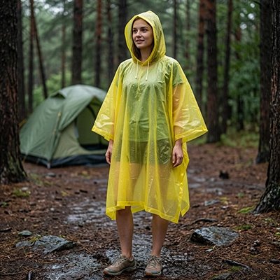 poncho pluie jaune femme qui se promène en camping
