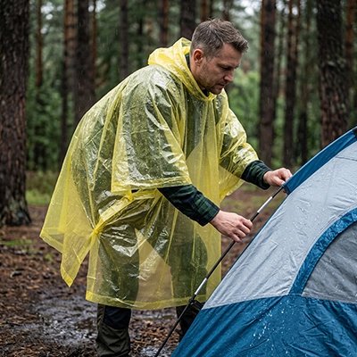 poncho pluie jaune homme qui fixe sa tente