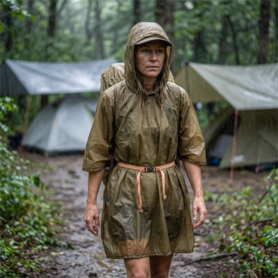 Poncho pluie kaki mi-jambe