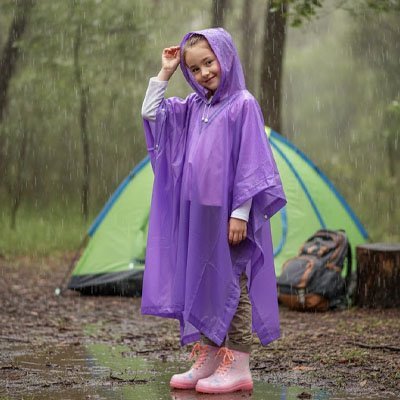 poncho pluie enfant mauve en camping