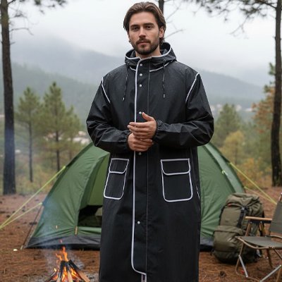 poncho pluie noir homme en camping