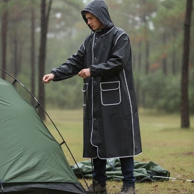 poncho pluie noir homme qui monte une tente
