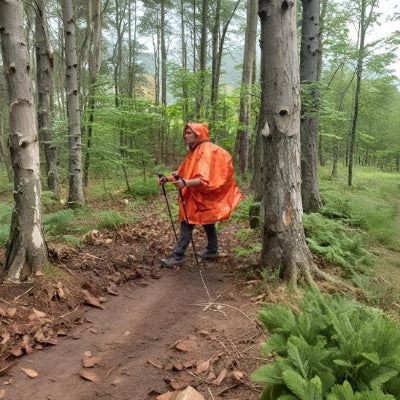 Poncho pluie orange en randonnée