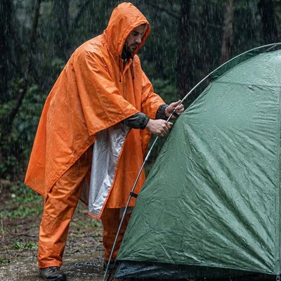 poncho pluie orange homme qui monte son bivouac