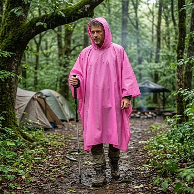 poncho pluie rose femme sous la pluie en trek
