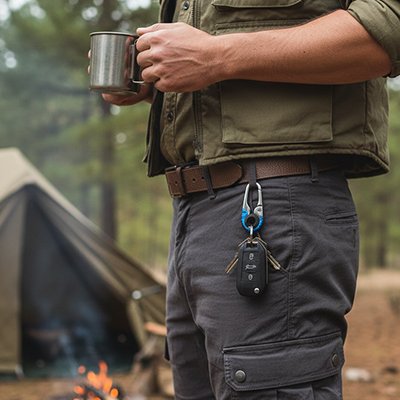 porte clé mousqueton attaché à la ceinture d'un homme