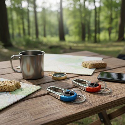 porte clé mousqueton sur table de pique nique