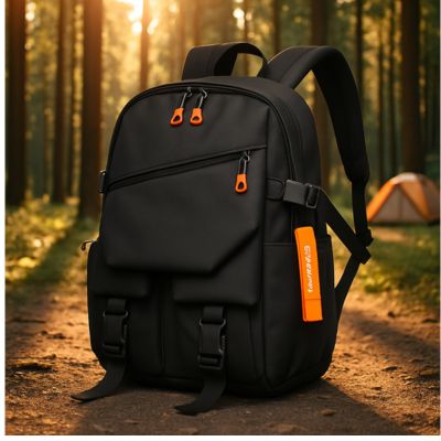 sac à dos homme reposant au sol terreux