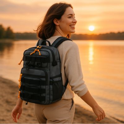 sac à dos femme au bord du lac
