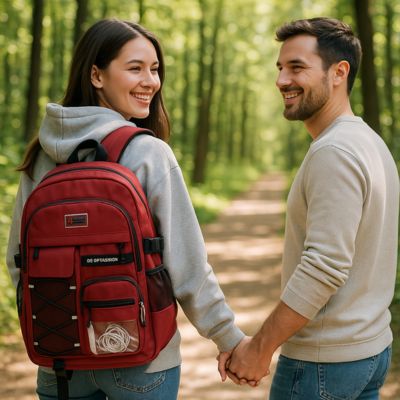 sac à dos femme couple dans les bois