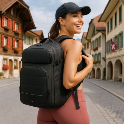 sac à dos femme dans village suisse