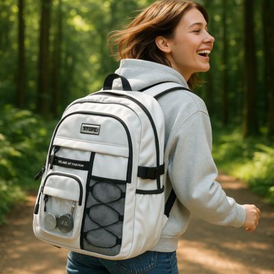 sac à dos femme marchant en forêt