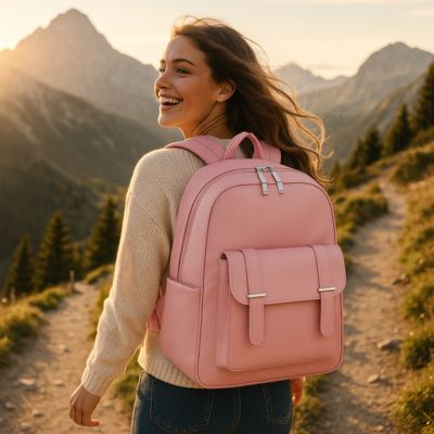 sac à dos femme rose dans un sentier