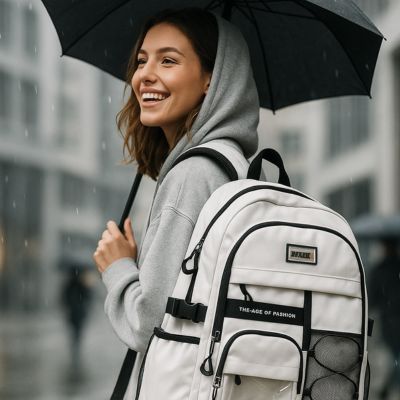 sac à dos femme sous la pluie 