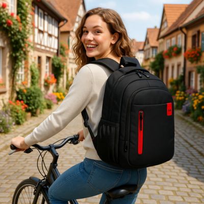 sac à dos femme à vélo dans un petit village 