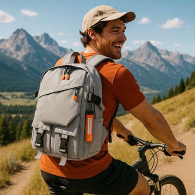 sac à dos homme à vélo en montagne
