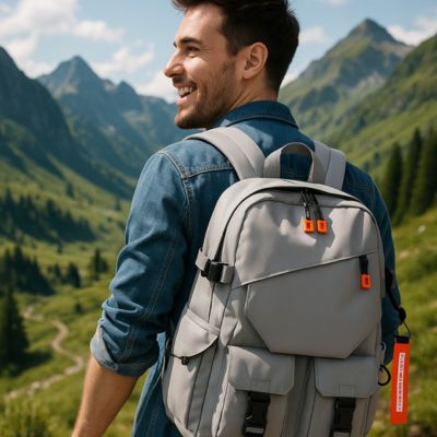 sac à dos homme marchant dans les alpes en souriant