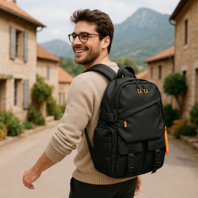 sac à dos homme qui marche dans un village
