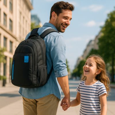 sac à dos homme marchant avec sa fille 