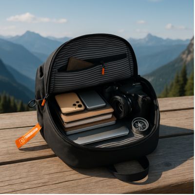 sac à dos homme ouvert avec des produits de randonnée