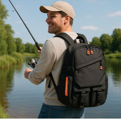 sac à dos homme qui pêche au lac