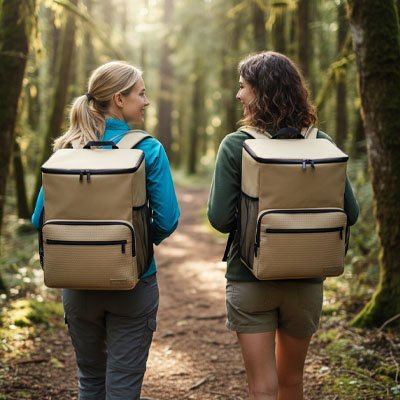 Sac a dos isotherme beige femmes qui marchent dans la forêt