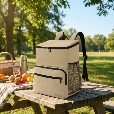 sac à dos isotherme reposant sur une table dans un parc