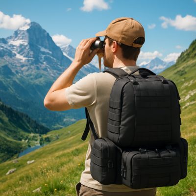 sac à dos homme regardant au loin avec jumelles
