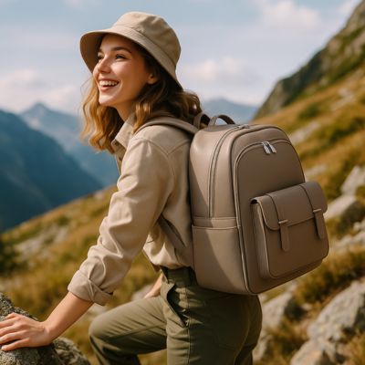 sac à dos femme heureuse dans les montagnes