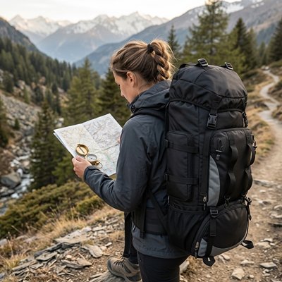 Sac à dos pour randonnée femme qui lit une carte 