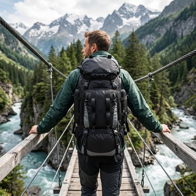 Sac à dos pour randonnée homme qui traverse un pont suspendu