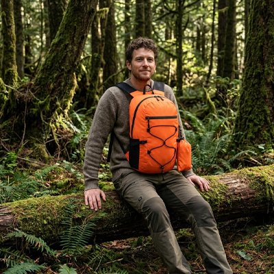 sac à dos pour randonnée orange homme assis sur tronc d'arbre 