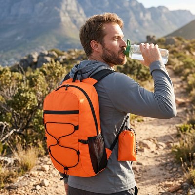 sac à dos pour randonnée orange homme qui boit de l'eau