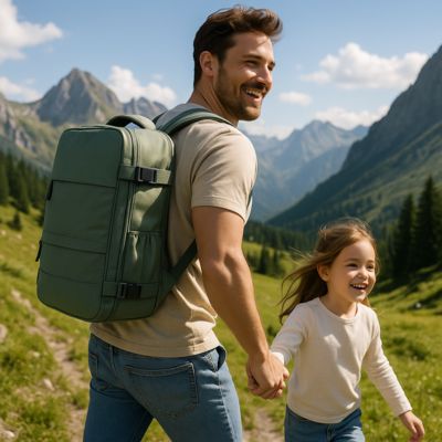 sac à dos avec un père et sa fille marchant dans les montagnes 