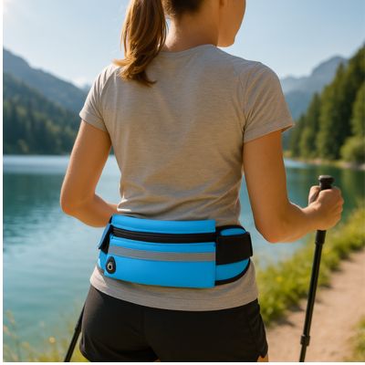 sac banane bleu femme en randonnée