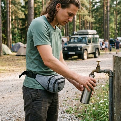 sac banane gris homme en camping 