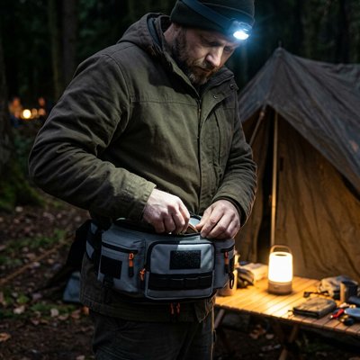sac banane gris homme qui s'organise en camping