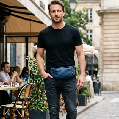 sac banane homme bleu dans un village