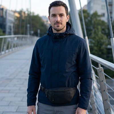 sac banane homme couleur noir sur un pont