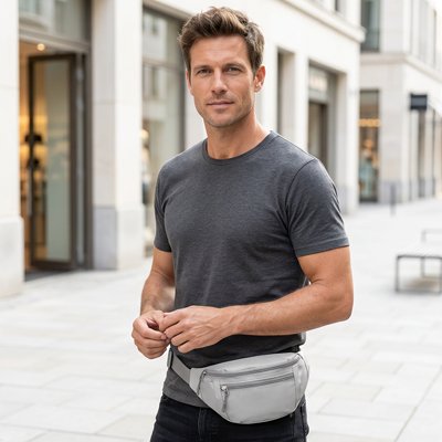 sac banane homme gris porté sur le coté hanches