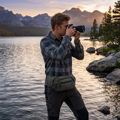 sac banane homme qui photographie la faune près du lac