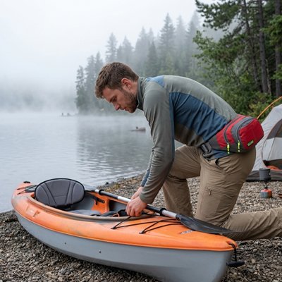 sac banane homme qui se prépare à partir en kayak